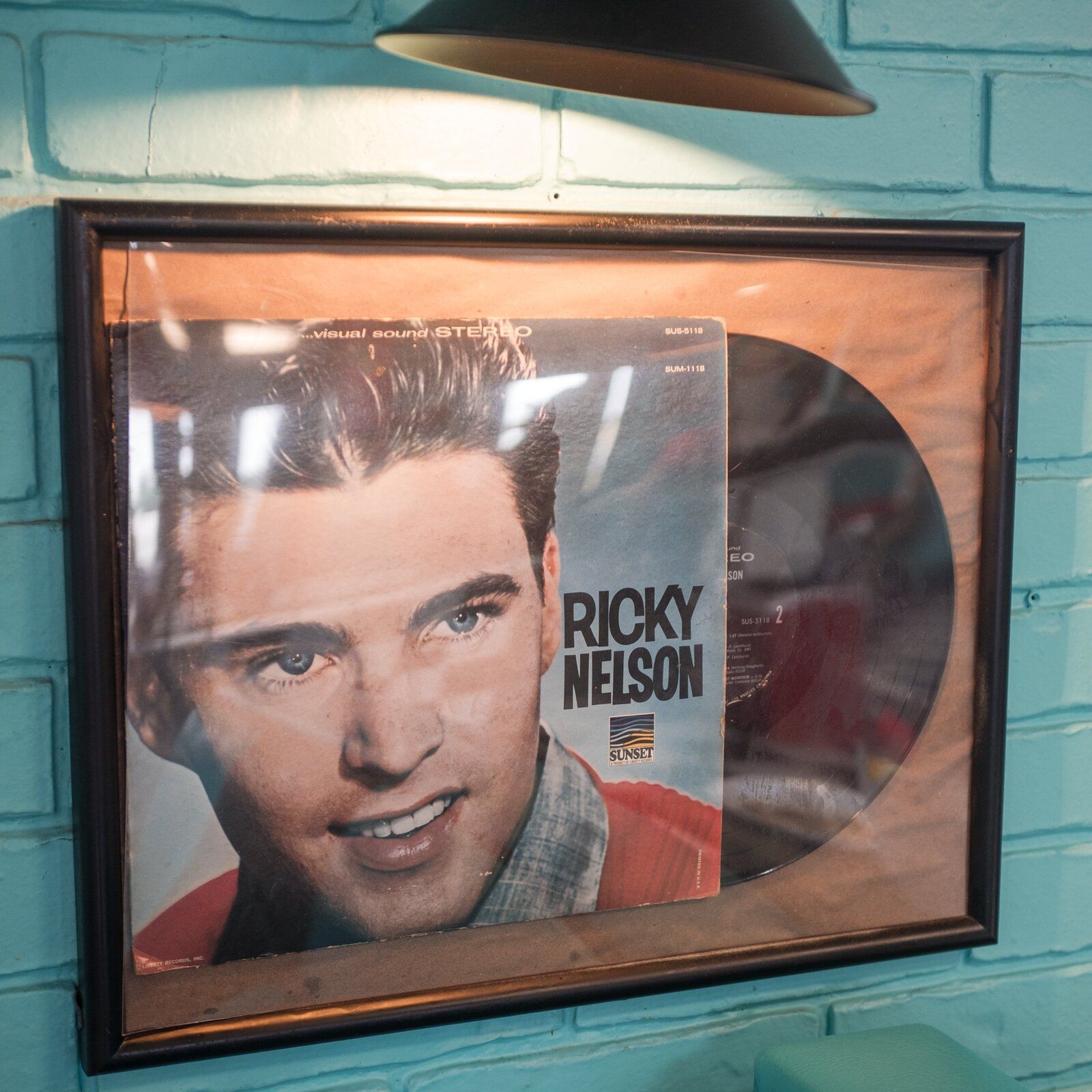 A framed Ricky Nelson record on the wall